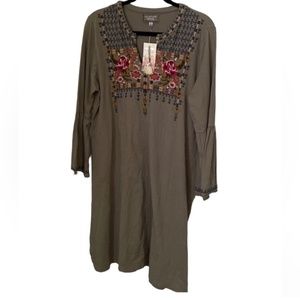 Johnny Was Floral Embroidered Tunic Dress M Olive